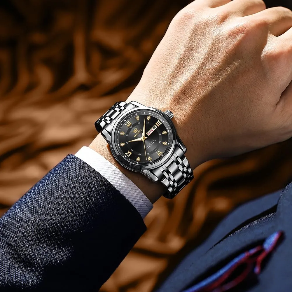 OLEVS Watch for Men Classic Business Dress Analog Quartz Stainless Steel Waterproof Luminous Date Diamond Men Silver Watch