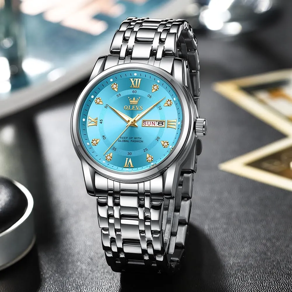 OLEVS Watch for Men Classic Business Dress Analog Quartz Stainless Steel Waterproof Luminous Date Diamond Men Silver Watch