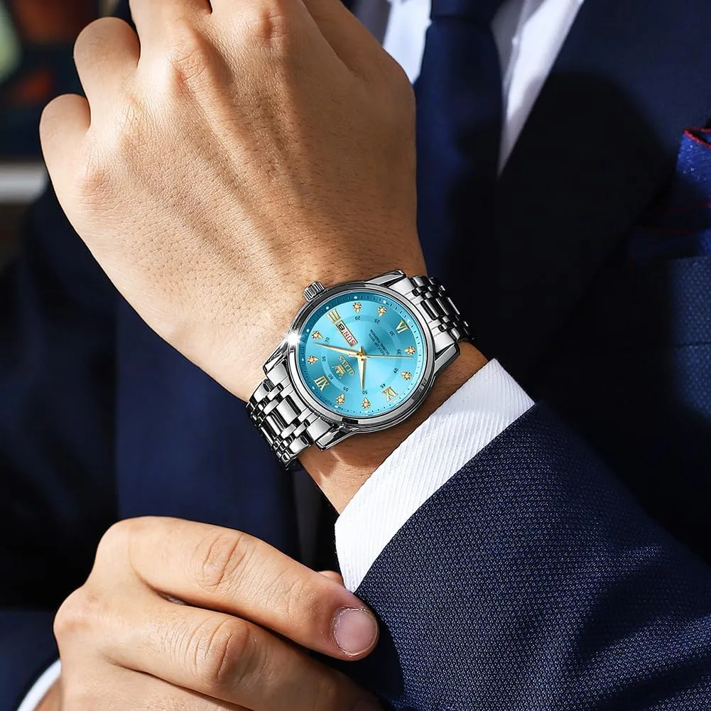 OLEVS Watch for Men Classic Business Dress Analog Quartz Stainless Steel Waterproof Luminous Date Diamond Men Silver Watch