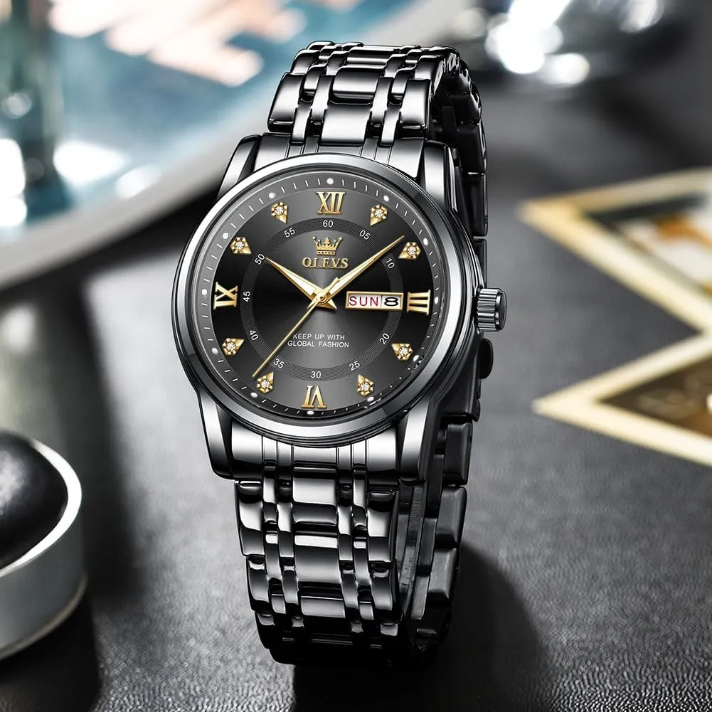 OLEVS Watch for Men Classic Business Dress Analog Quartz Stainless Steel Waterproof Luminous Date Diamond Men Silver Watch