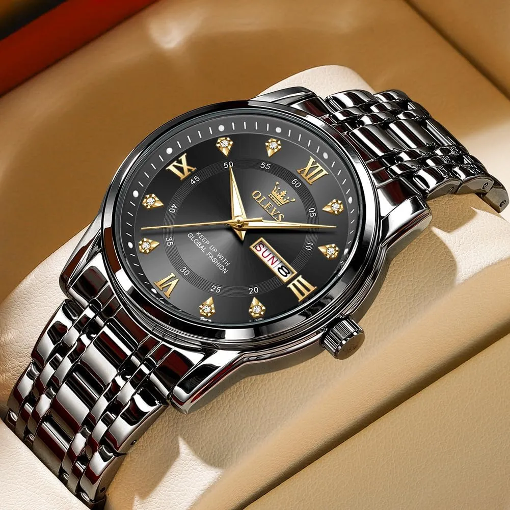 OLEVS Watch for Men Classic Business Dress Analog Quartz Stainless Steel Waterproof Luminous Date Diamond Men Silver Watch