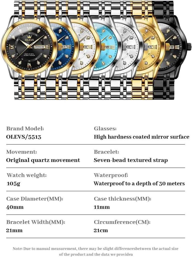 OLEVS Watch for Men Classic Business Dress Analog Quartz Stainless Steel Waterproof Luminous Date Diamond Men Silver Watch