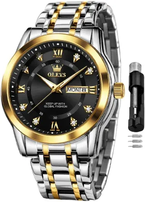 OLEVS Watch for Men Classic Business Dress Analog Quartz Stainless Steel Waterproof Luminous Date Diamond Men Silver Watch
