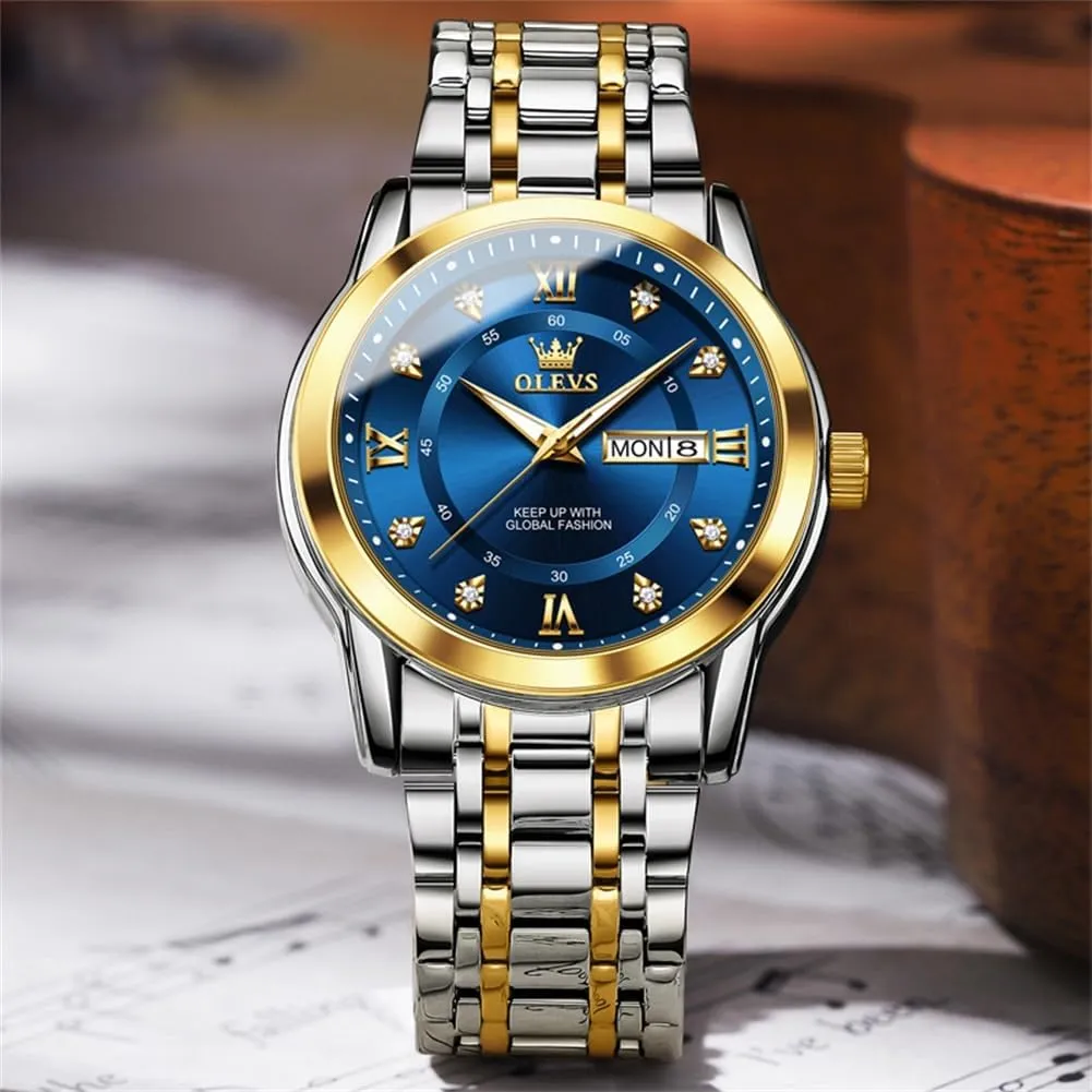 OLEVS Watch for Men Classic Business Dress Analog Quartz Stainless Steel Waterproof Luminous Date Diamond Men Silver Watch