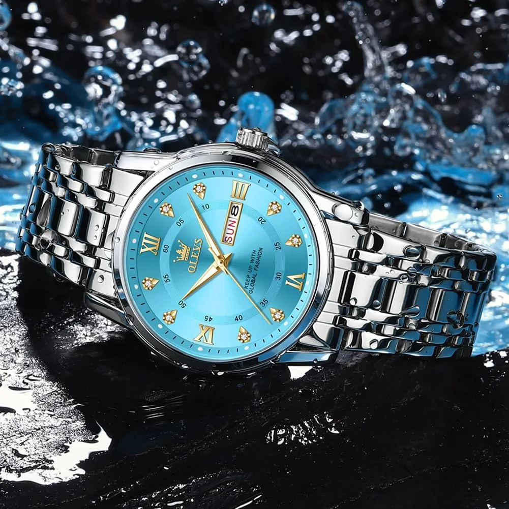 OLEVS Watch for Men Classic Business Dress Analog Quartz Stainless Steel Waterproof Luminous Date Diamond Men Silver Watch