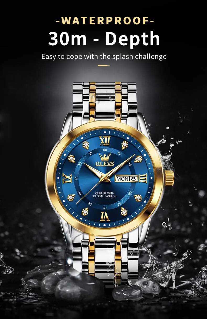 OLEVS Watch for Men Classic Business Dress Analog Quartz Stainless Steel Waterproof Luminous Date Diamond Men Silver Watch