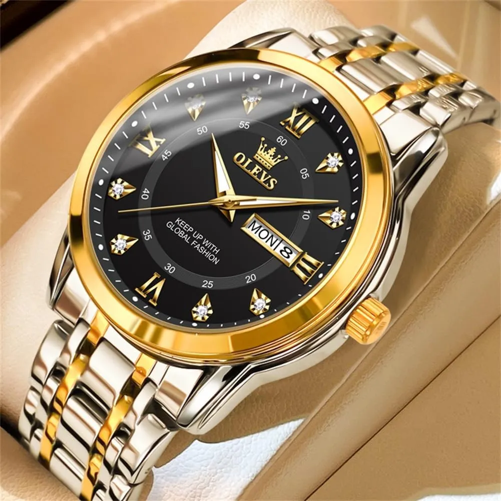 OLEVS Watch for Men Classic Business Dress Analog Quartz Stainless Steel Waterproof Luminous Date Diamond Men Silver Watch