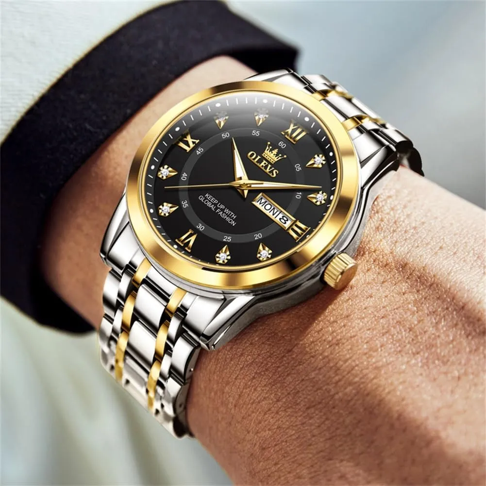 OLEVS Watch for Men Classic Business Dress Analog Quartz Stainless Steel Waterproof Luminous Date Diamond Men Silver Watch