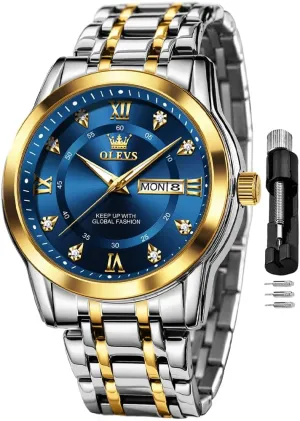 OLEVS Watch for Men Classic Business Dress Analog Quartz Stainless Steel Waterproof Luminous Date Diamond Men Silver Watch