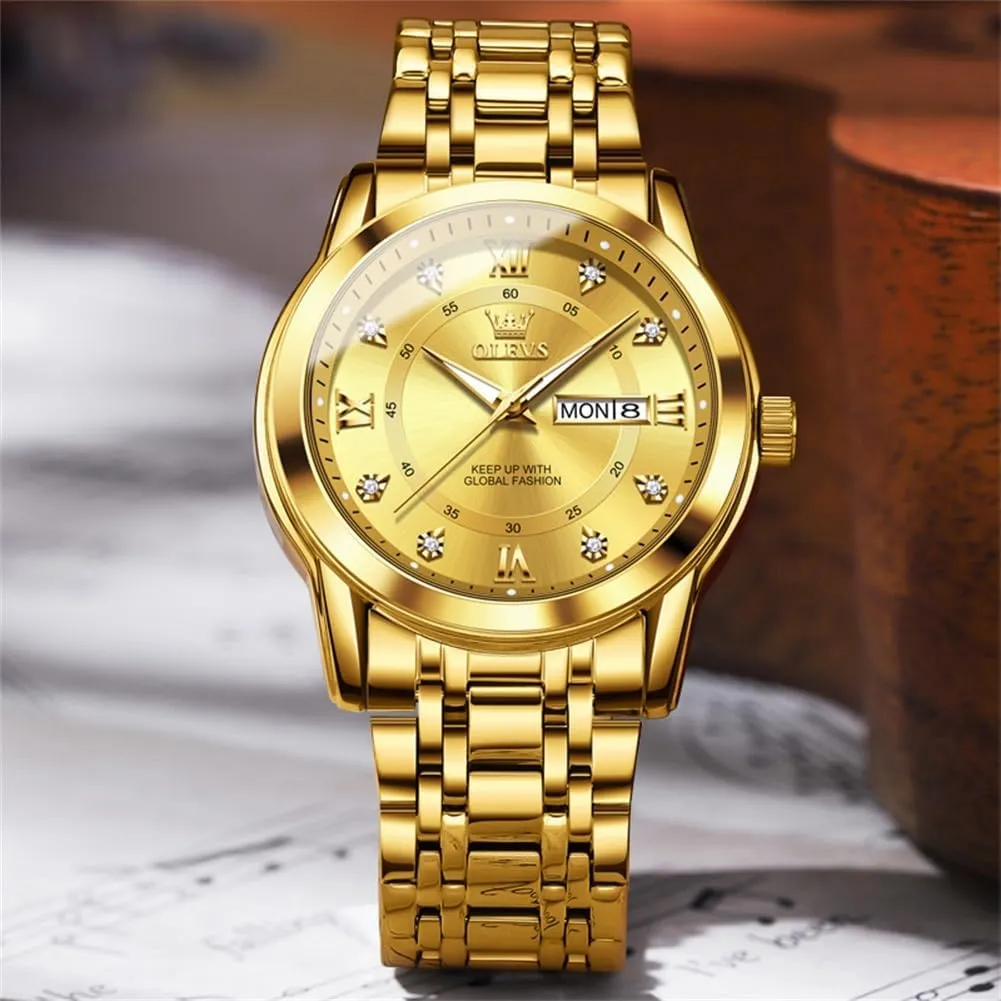 OLEVS Watch for Men Classic Business Dress Analog Quartz Stainless Steel Waterproof Luminous Date Diamond Men Silver Watch