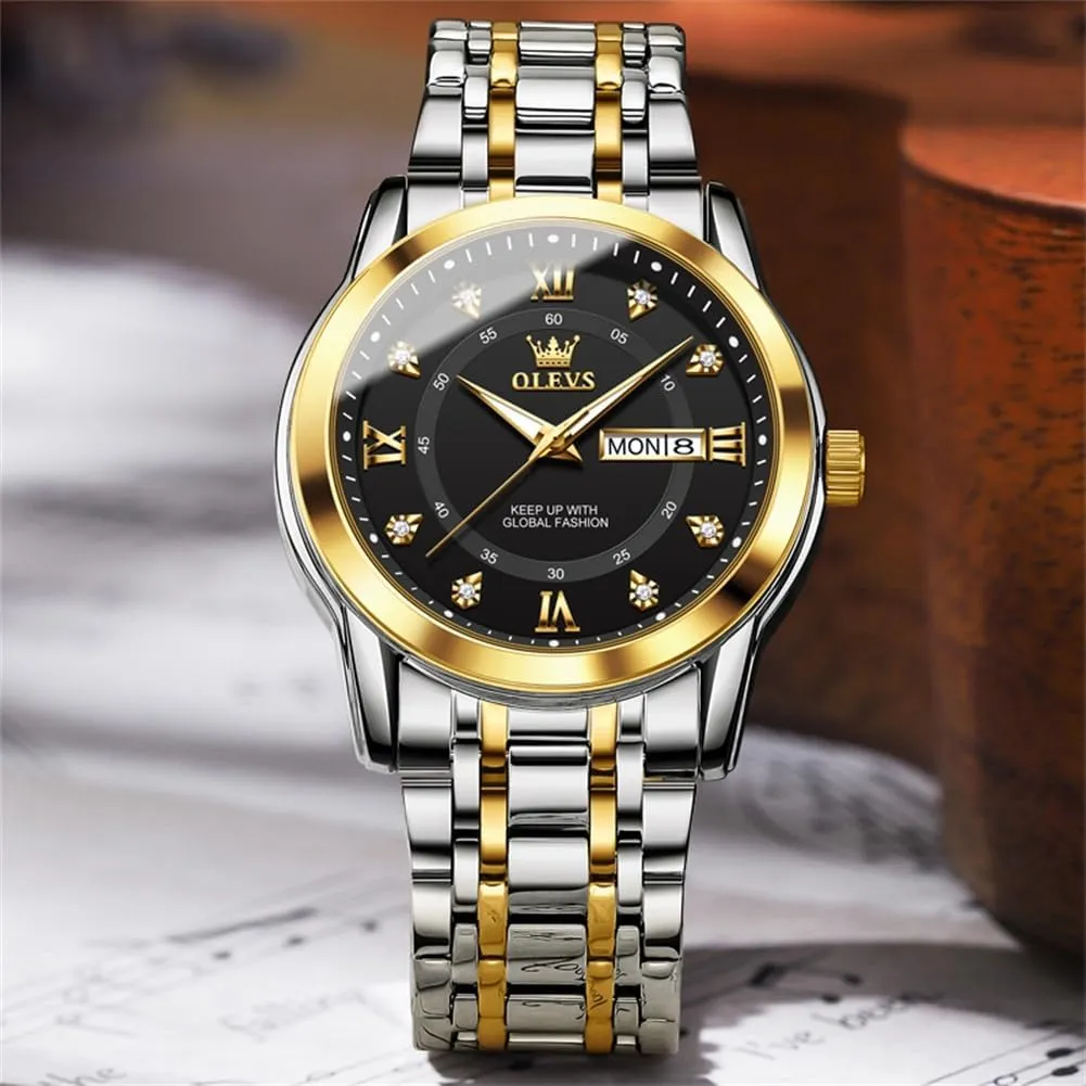 OLEVS Watch for Men Classic Business Dress Analog Quartz Stainless Steel Waterproof Luminous Date Diamond Men Silver Watch