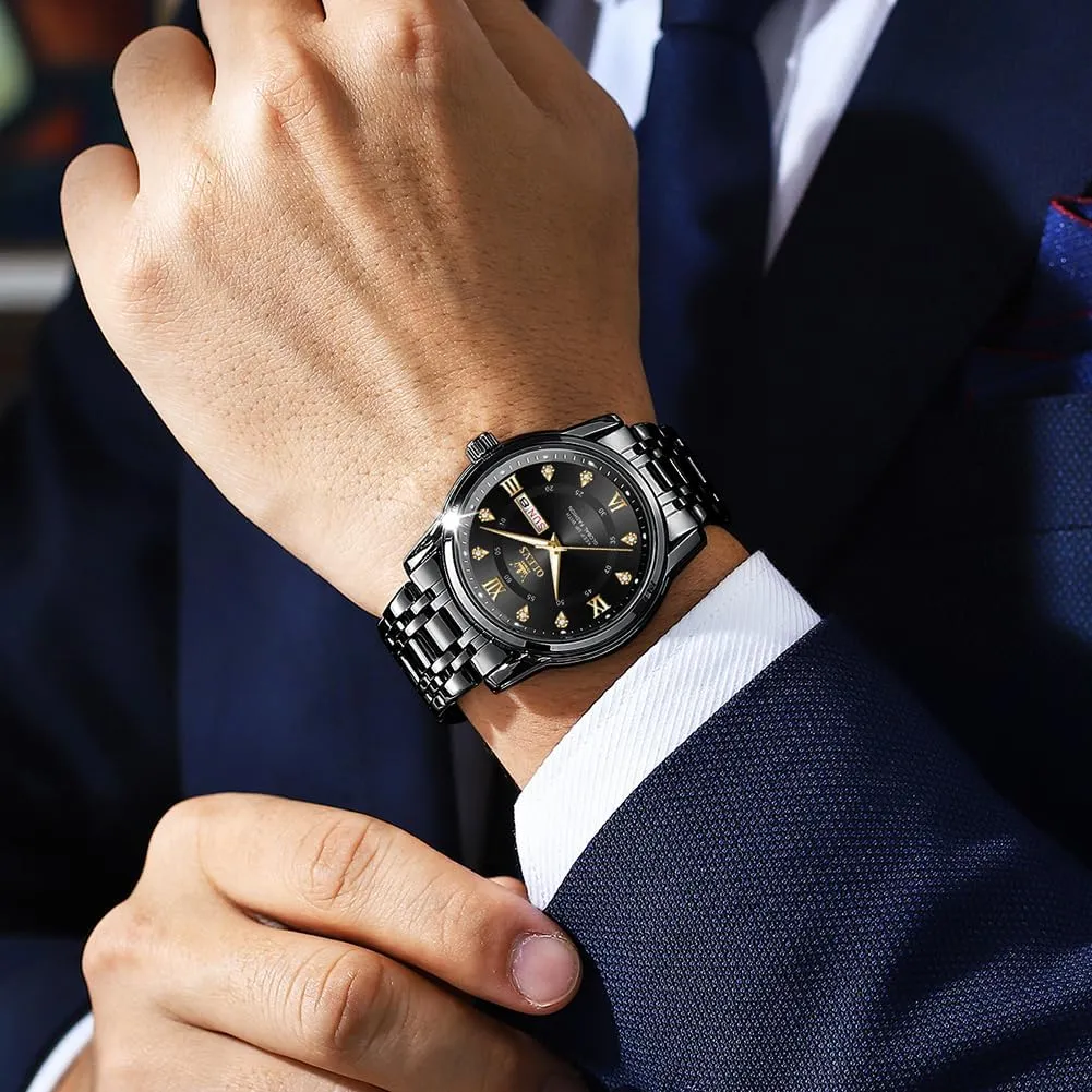 OLEVS Watch for Men Classic Business Dress Analog Quartz Stainless Steel Waterproof Luminous Date Diamond Men Silver Watch