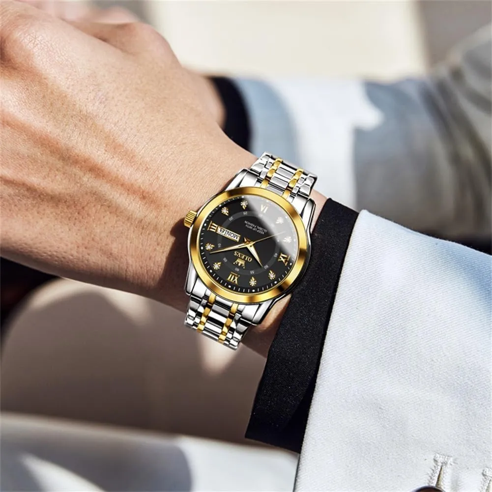 OLEVS Watch for Men Classic Business Dress Analog Quartz Stainless Steel Waterproof Luminous Date Diamond Men Silver Watch