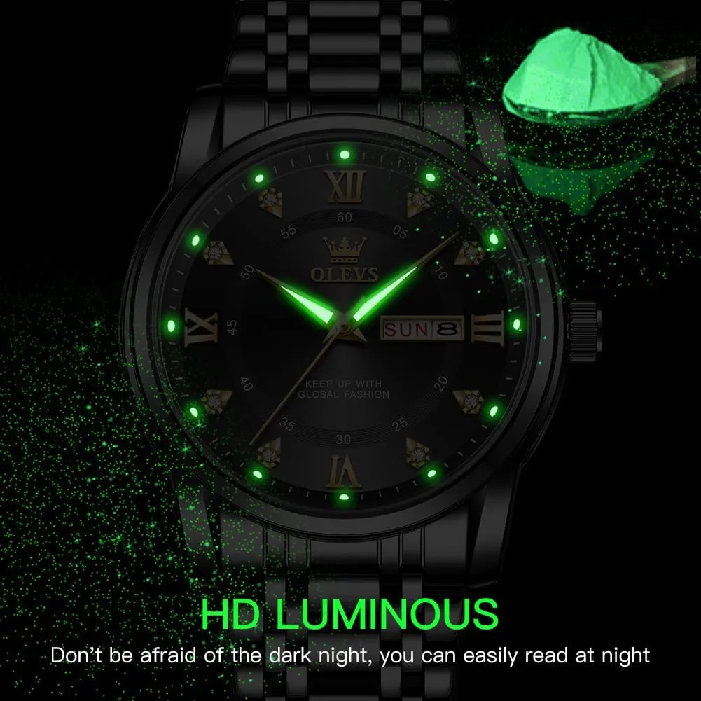 OLEVS Watch for Men Classic Business Dress Analog Quartz Stainless Steel Waterproof Luminous Date Diamond Men Silver Watch