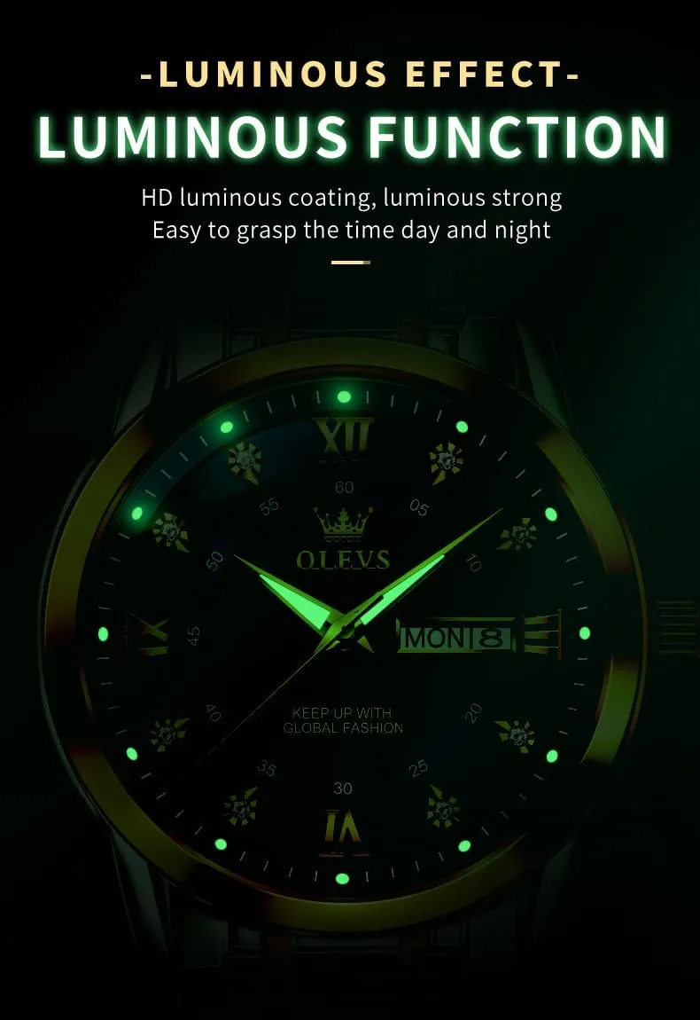 OLEVS Watch for Men Classic Business Dress Analog Quartz Stainless Steel Waterproof Luminous Date Diamond Men Silver Watch