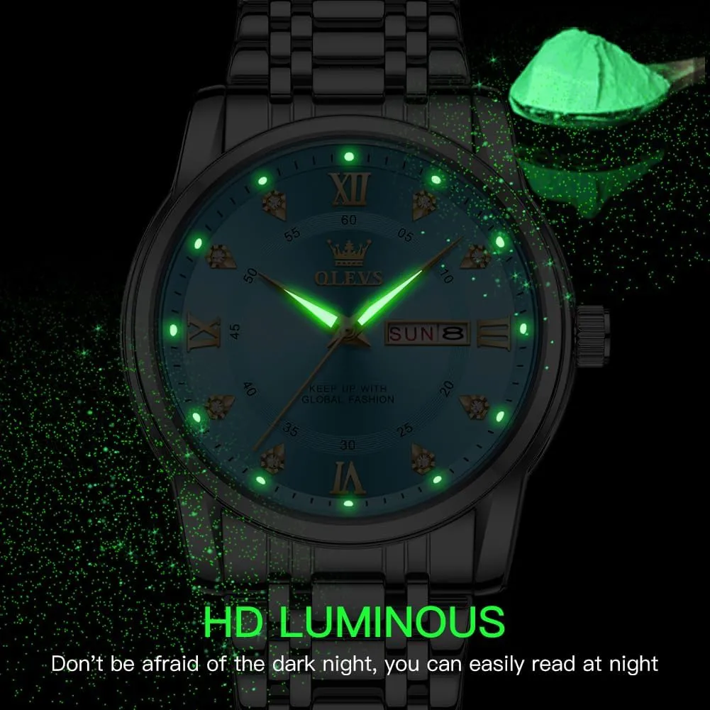 OLEVS Watch for Men Classic Business Dress Analog Quartz Stainless Steel Waterproof Luminous Date Diamond Men Silver Watch