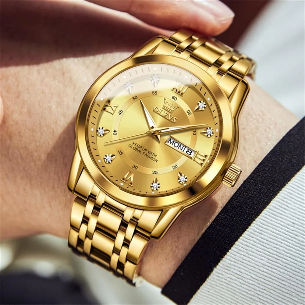 OLEVS Watch for Men Classic Business Dress Analog Quartz Stainless Steel Waterproof Luminous Date Diamond Men Silver Watch