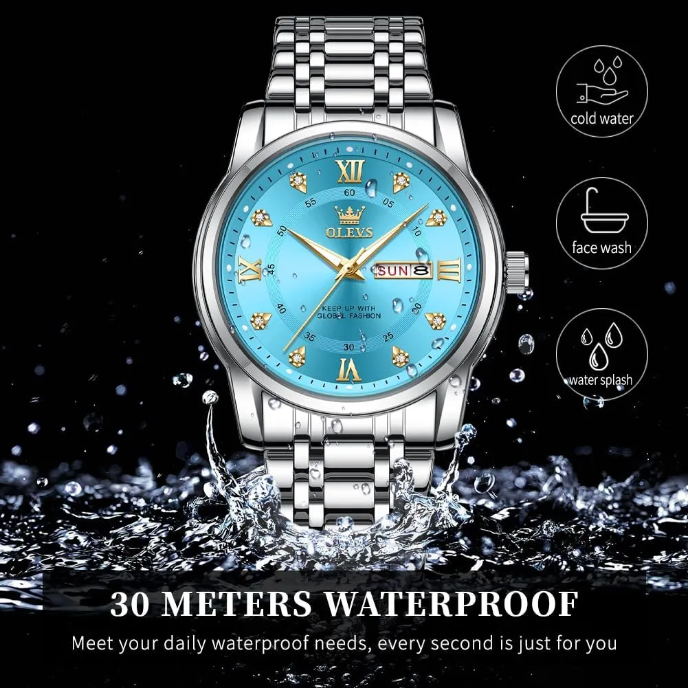 OLEVS Watch for Men Classic Business Dress Analog Quartz Stainless Steel Waterproof Luminous Date Diamond Men Silver Watch
