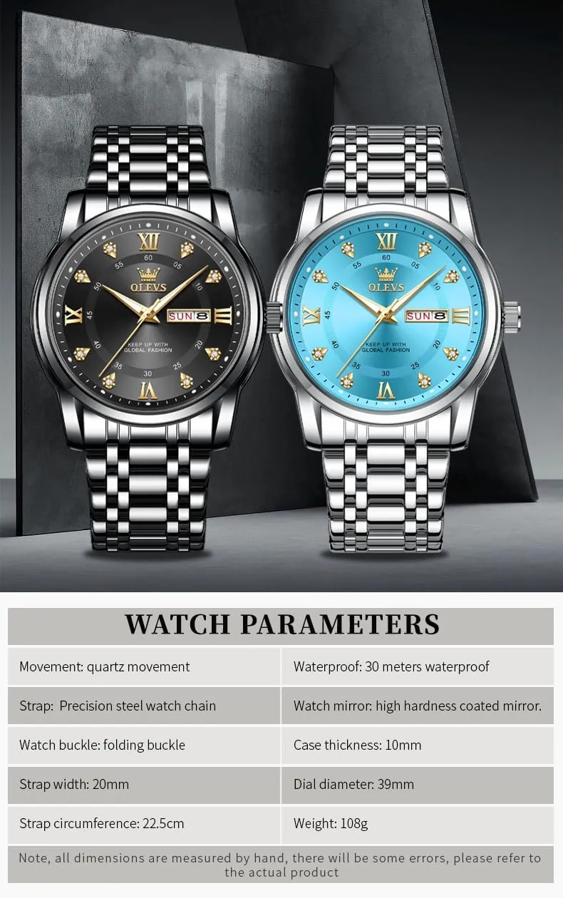 OLEVS Watch for Men Classic Business Dress Analog Quartz Stainless Steel Waterproof Luminous Date Diamond Men Silver Watch