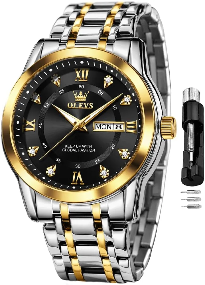 OLEVS Watch for Men Classic Business Dress Analog Quartz Stainless Steel Waterproof Luminous Date Diamond Men Silver Watch