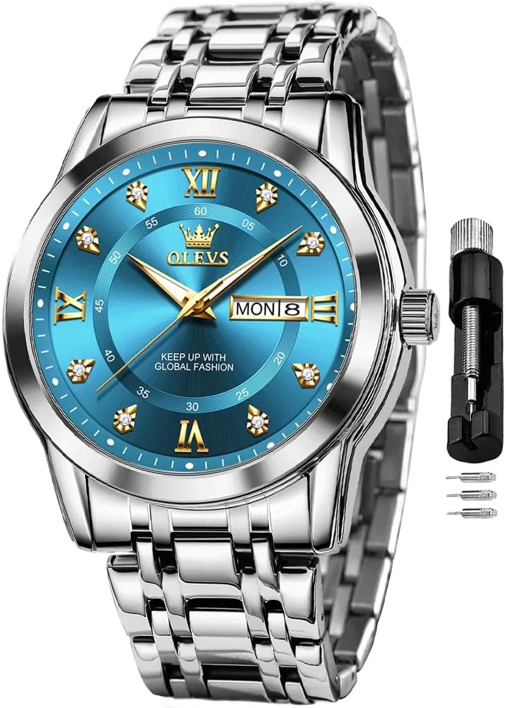OLEVS Watch for Men Classic Business Dress Analog Quartz Stainless Steel Waterproof Luminous Date Diamond Men Silver Watch