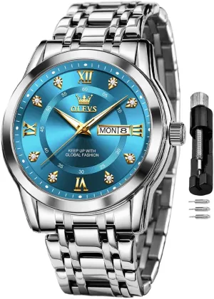 OLEVS Watch for Men Classic Business Dress Analog Quartz Stainless Steel Waterproof Luminous Date Diamond Men Silver Watch