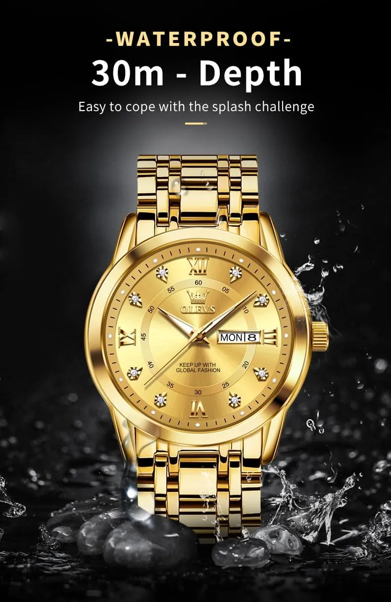 OLEVS Watch for Men Classic Business Dress Analog Quartz Stainless Steel Waterproof Luminous Date Diamond Men Silver Watch
