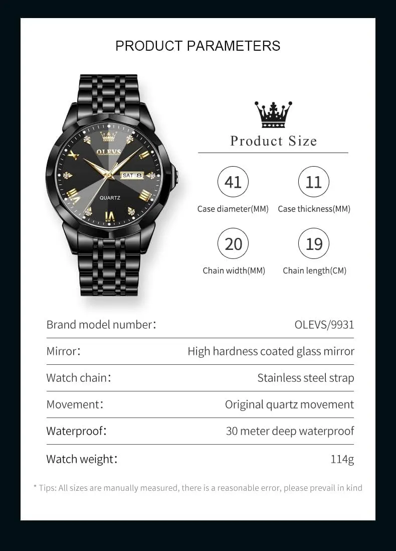 OLEVS Watch for Men Diamond Business Dress Analog Quartz Stainless Steel Waterproof Luminous Date Two Tone Luxury Casual Wrist Watch