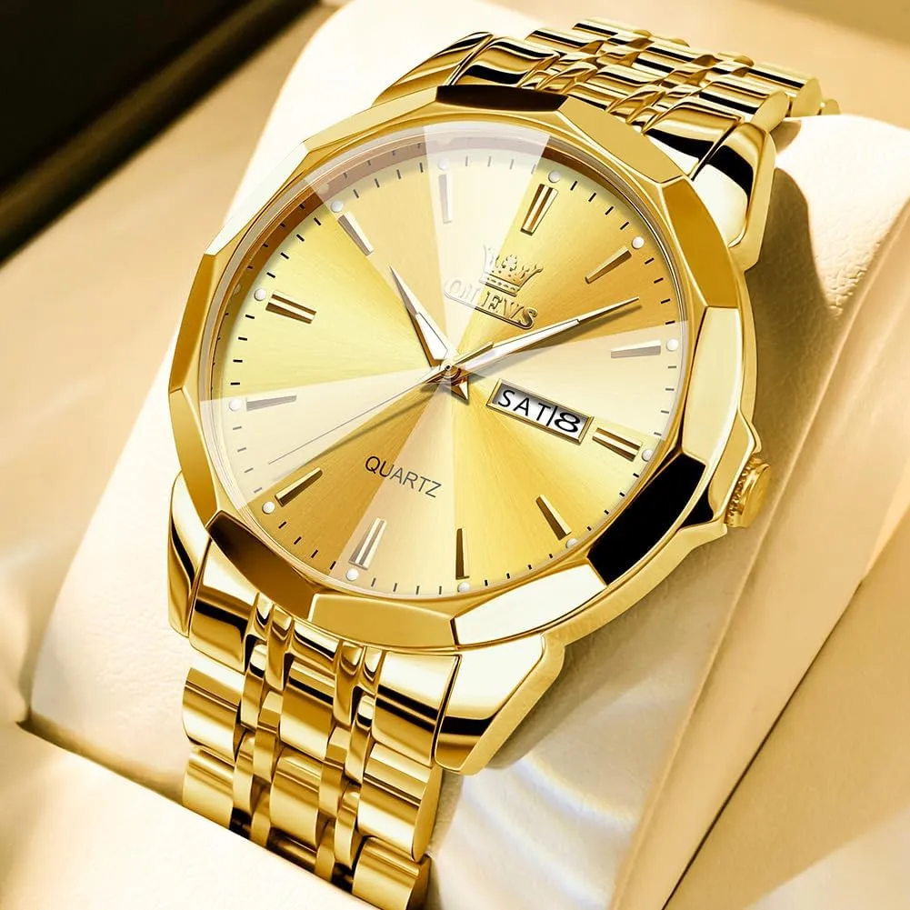 OLEVS Watch for Men Diamond Business Dress Analog Quartz Stainless Steel Waterproof Luminous Date Two Tone Luxury Casual Wrist Watch
