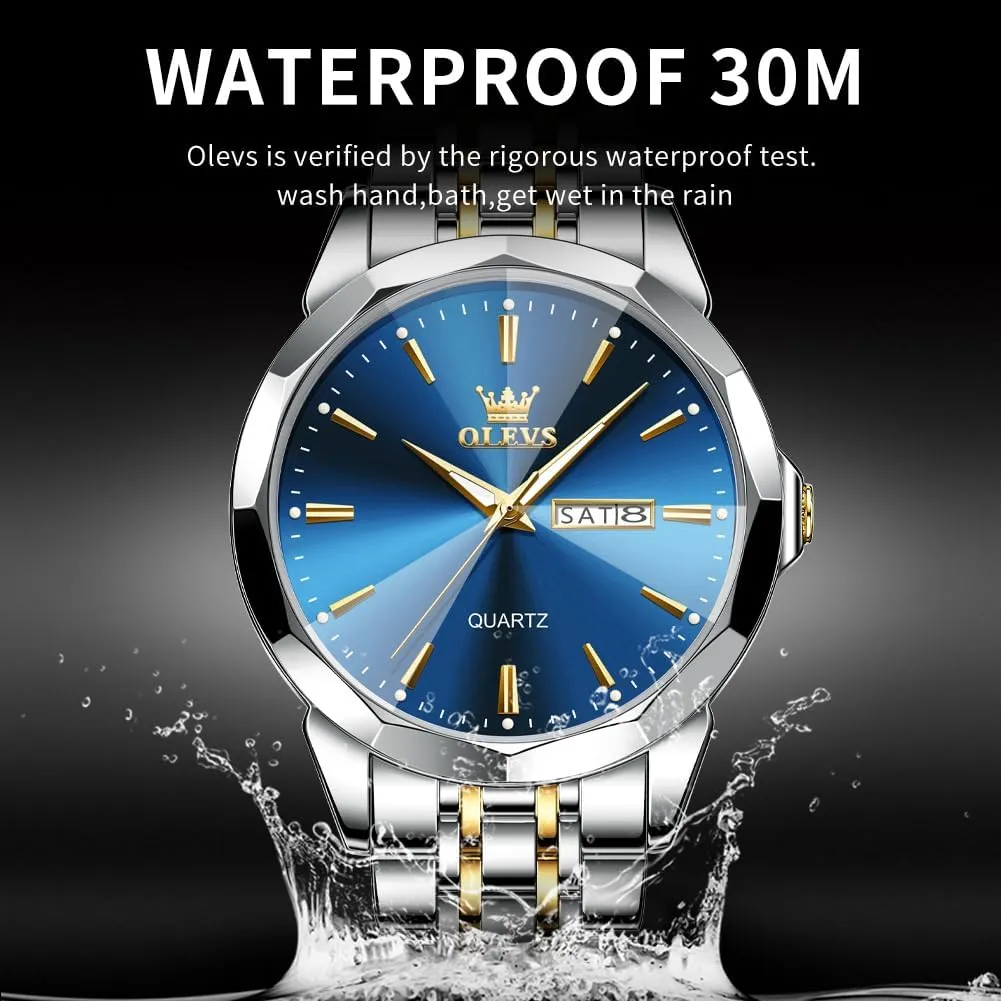 OLEVS Watch for Men Diamond Business Dress Analog Quartz Stainless Steel Waterproof Luminous Date Two Tone Luxury Casual Wrist Watch