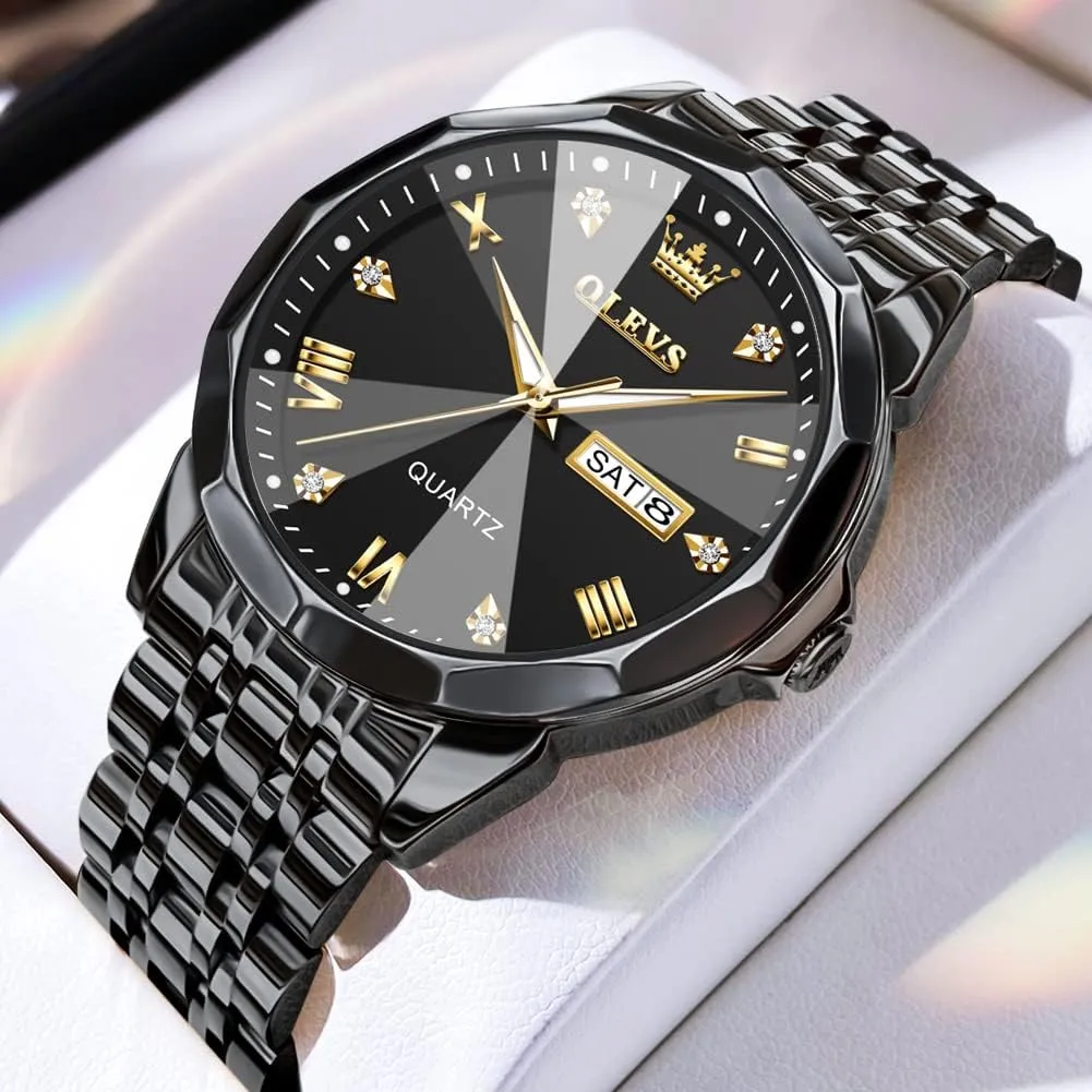 OLEVS Watch for Men Diamond Business Dress Analog Quartz Stainless Steel Waterproof Luminous Date Two Tone Luxury Casual Wrist Watch