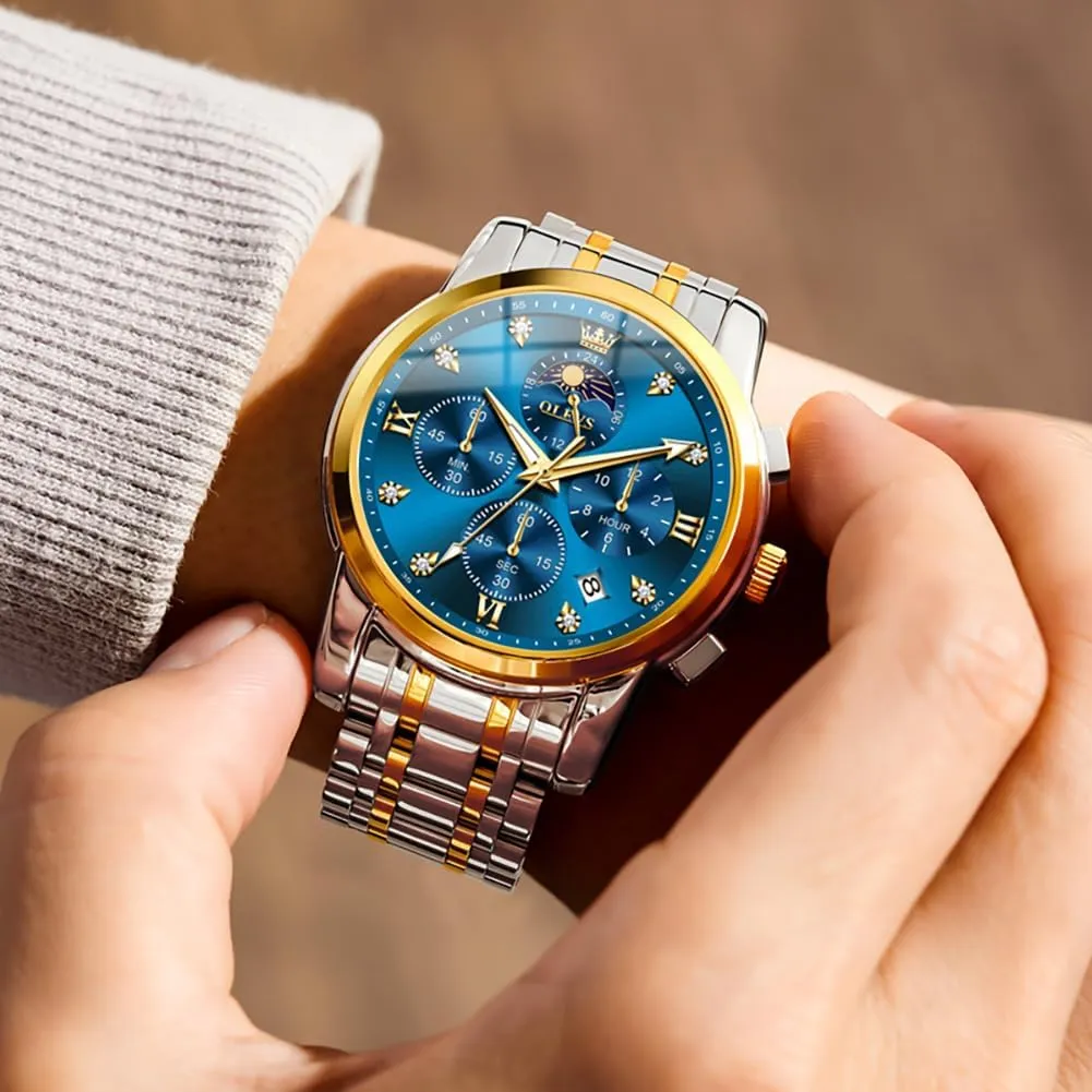 OLEVS Watch for Men Diamond Business Dress Analog Quartz Stainless Steel Waterproof Luminous Date Two Tone Luxury Casual Wrist Watch