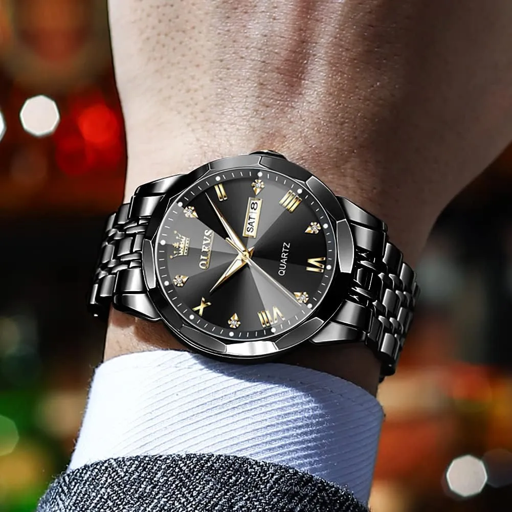 OLEVS Watch for Men Diamond Business Dress Analog Quartz Stainless Steel Waterproof Luminous Date Two Tone Luxury Casual Wrist Watch