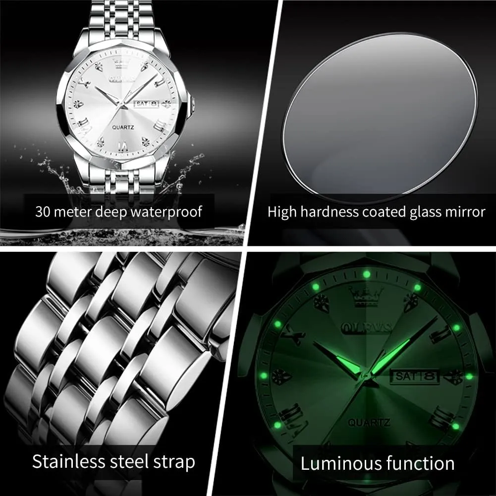 OLEVS Watch for Men Diamond Business Dress Analog Quartz Stainless Steel Waterproof Luminous Date Two Tone Luxury Casual Wrist Watch