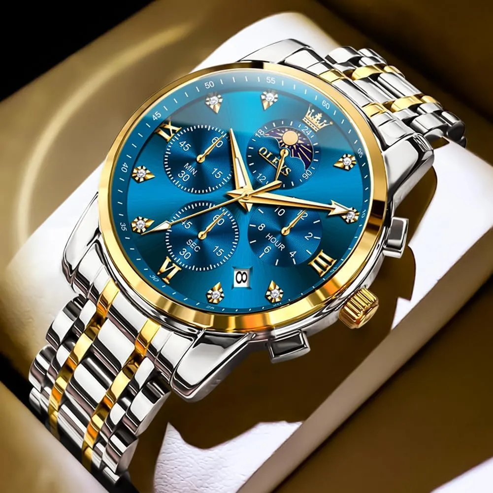 OLEVS Watch for Men Diamond Business Dress Analog Quartz Stainless Steel Waterproof Luminous Date Two Tone Luxury Casual Wrist Watch