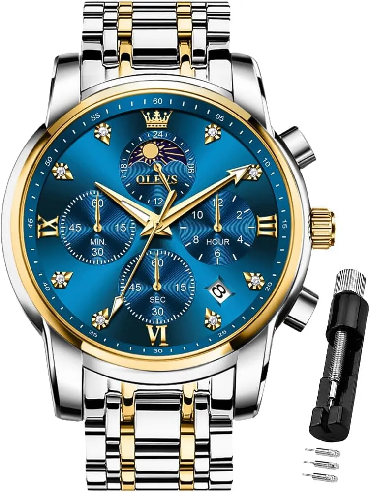 OLEVS Watch for Men Diamond Business Dress Analog Quartz Stainless Steel Waterproof Luminous Date Two Tone Luxury Casual Wrist Watch