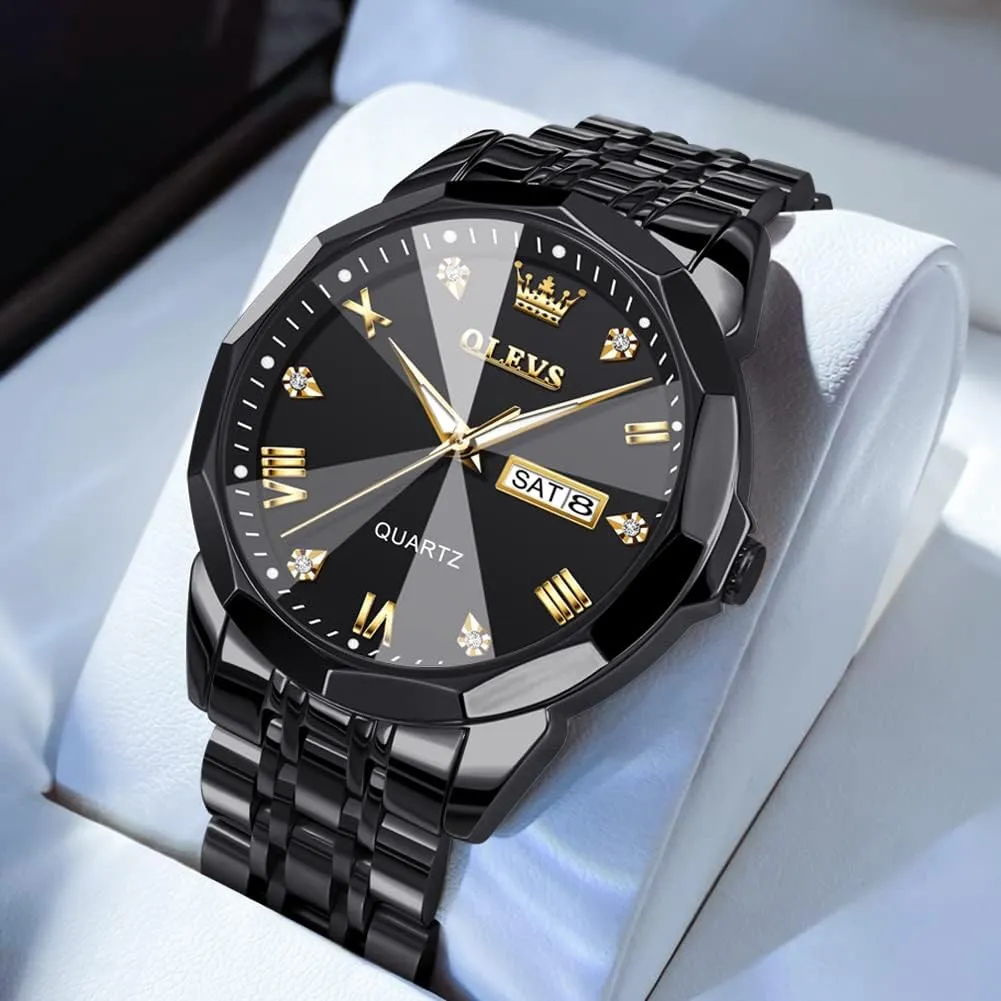 OLEVS Watch for Men Diamond Business Dress Analog Quartz Stainless Steel Waterproof Luminous Date Two Tone Luxury Casual Wrist Watch