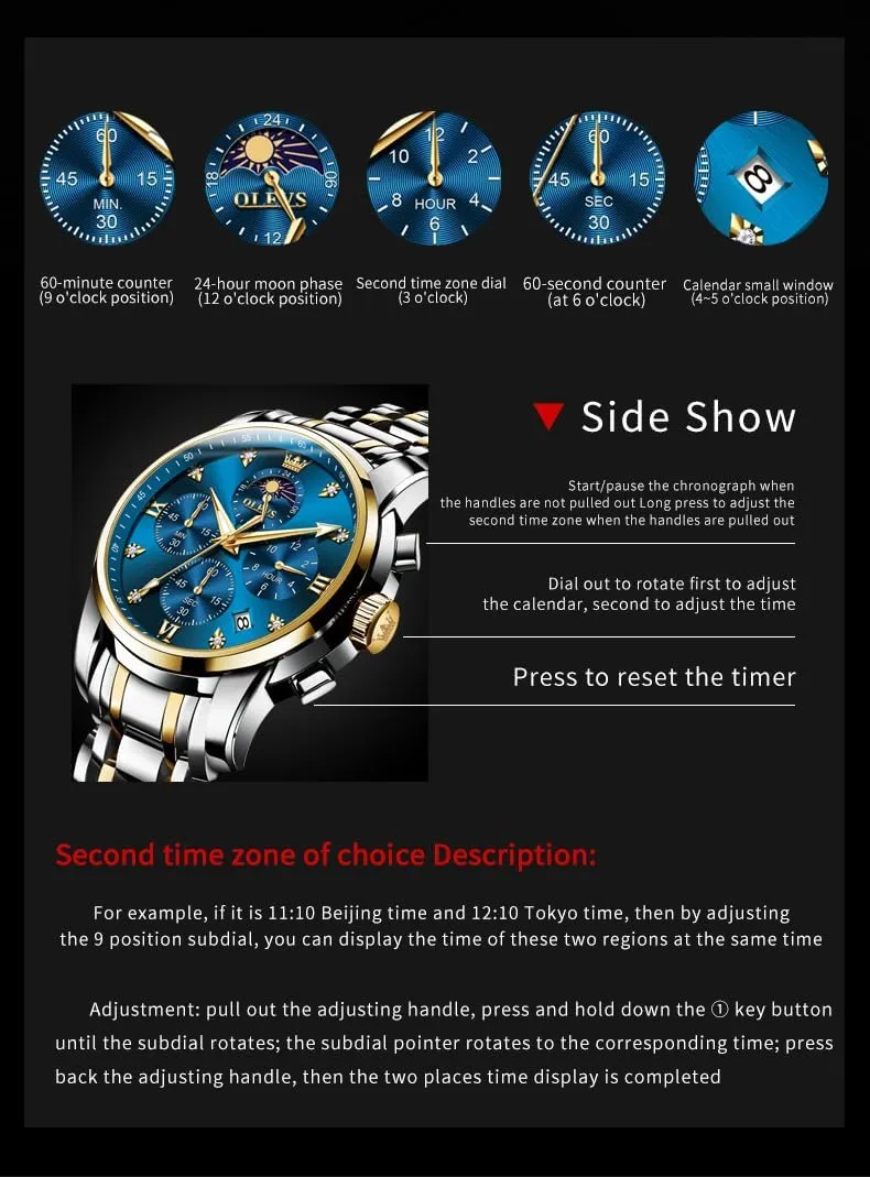 OLEVS Watch for Men Diamond Business Dress Analog Quartz Stainless Steel Waterproof Luminous Date Two Tone Luxury Casual Wrist Watch