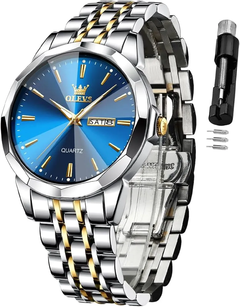 OLEVS Watch for Men Diamond Business Dress Analog Quartz Stainless Steel Waterproof Luminous Date Two Tone Luxury Casual Wrist Watch