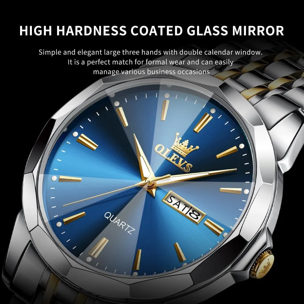 OLEVS Watch for Men Diamond Business Dress Analog Quartz Stainless Steel Waterproof Luminous Date Two Tone Luxury Casual Wrist Watch
