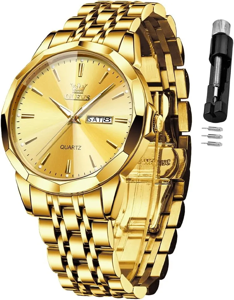 OLEVS Watch for Men Diamond Business Dress Analog Quartz Stainless Steel Waterproof Luminous Date Two Tone Luxury Casual Wrist Watch