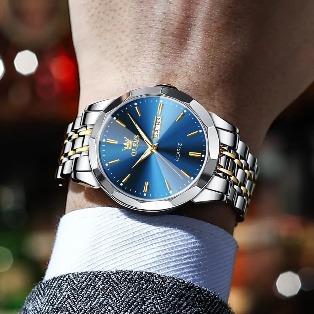 OLEVS Watch for Men Diamond Business Dress Analog Quartz Stainless Steel Waterproof Luminous Date Two Tone Luxury Casual Wrist Watch
