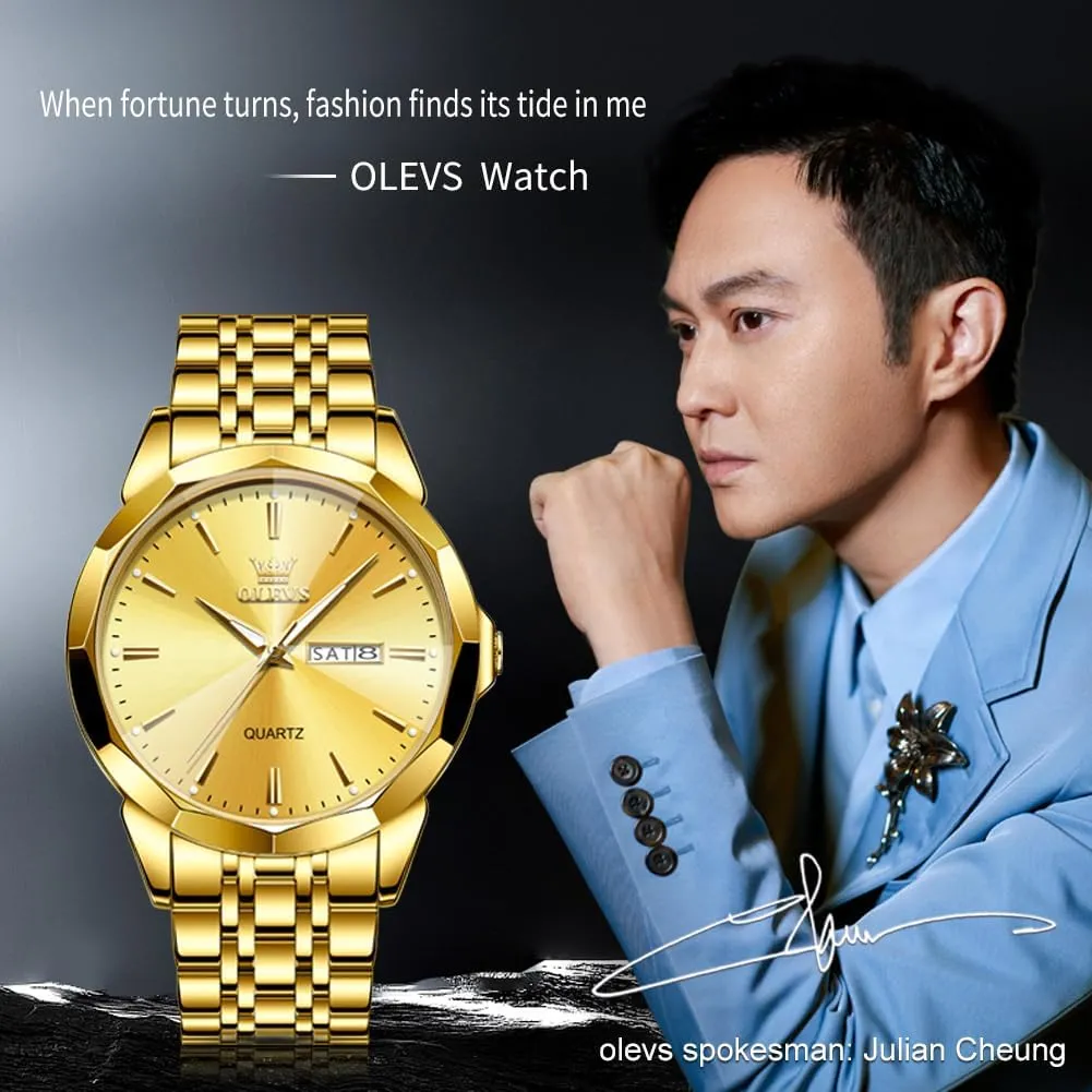 OLEVS Watch for Men Diamond Business Dress Analog Quartz Stainless Steel Waterproof Luminous Date Two Tone Luxury Casual Wrist Watch