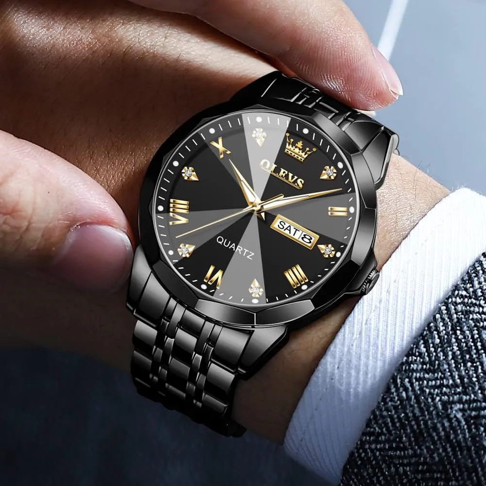 OLEVS Watch for Men Diamond Business Dress Analog Quartz Stainless Steel Waterproof Luminous Date Two Tone Luxury Casual Wrist Watch