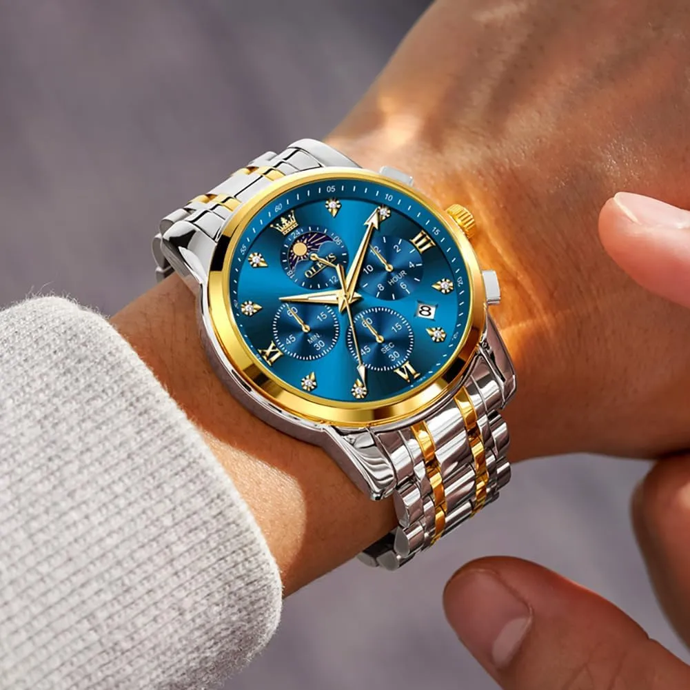 OLEVS Watch for Men Diamond Business Dress Analog Quartz Stainless Steel Waterproof Luminous Date Two Tone Luxury Casual Wrist Watch