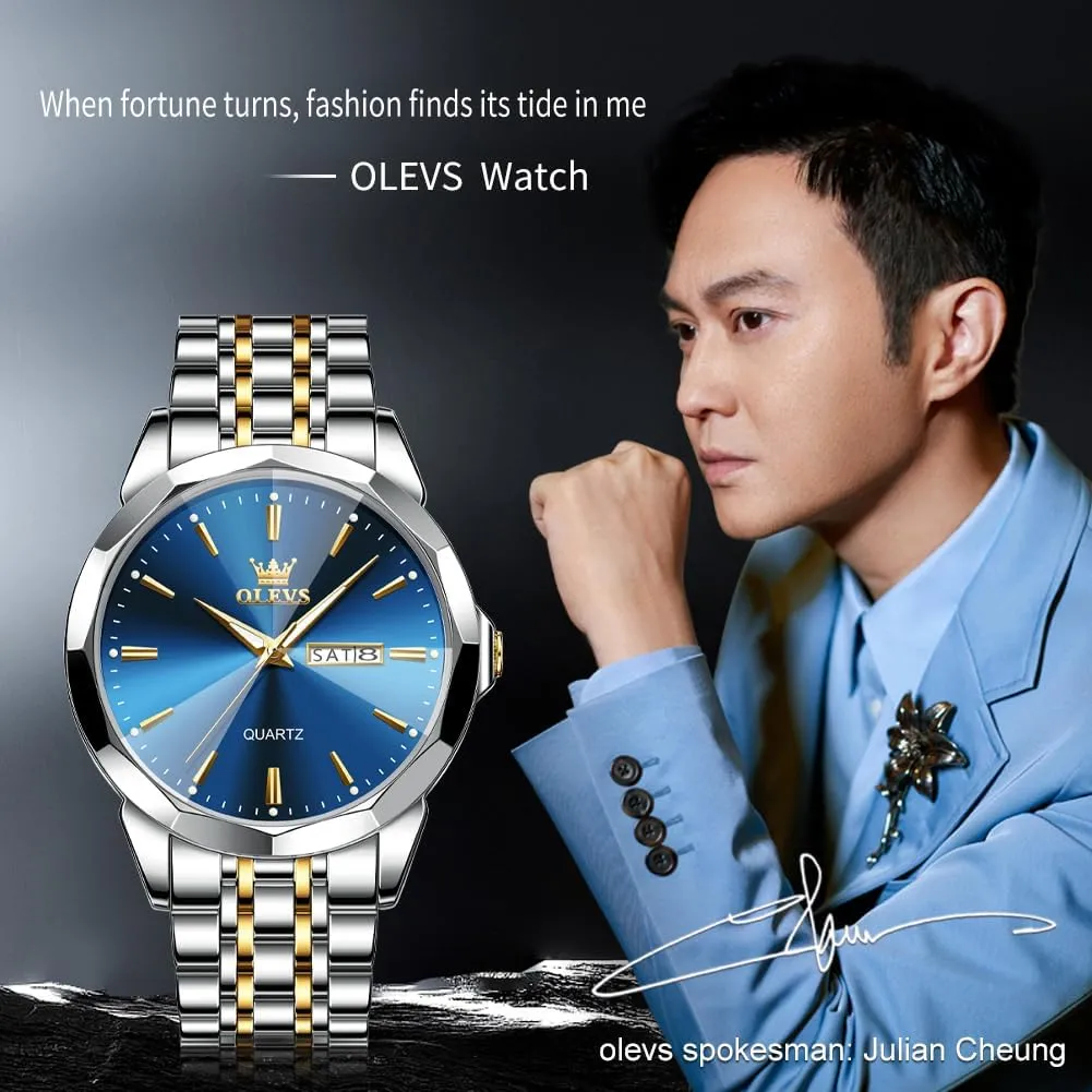 OLEVS Watch for Men Diamond Business Dress Analog Quartz Stainless Steel Waterproof Luminous Date Two Tone Luxury Casual Wrist Watch