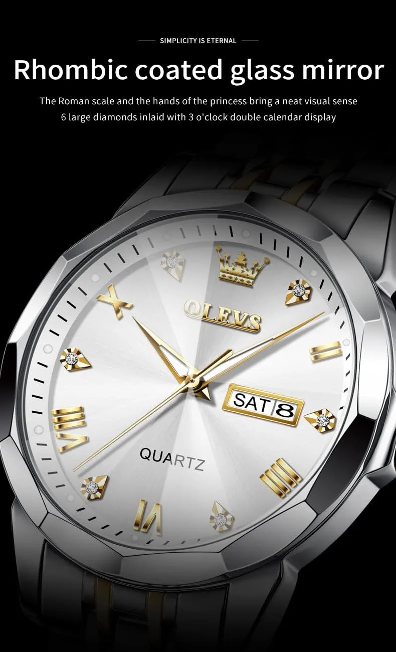OLEVS Watch for Men Diamond Business Dress Analog Quartz Stainless Steel Waterproof Luminous Date Two Tone Luxury Casual Wrist Watch