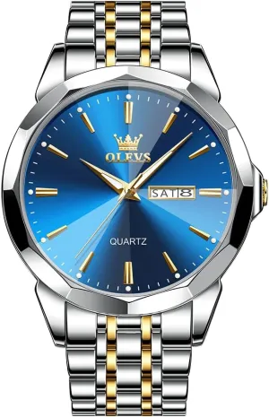 OLEVS Watch for Men Diamond Business Dress Analog Quartz Stainless Steel Waterproof Luminous Date Two Tone Luxury Casual Wrist Watch