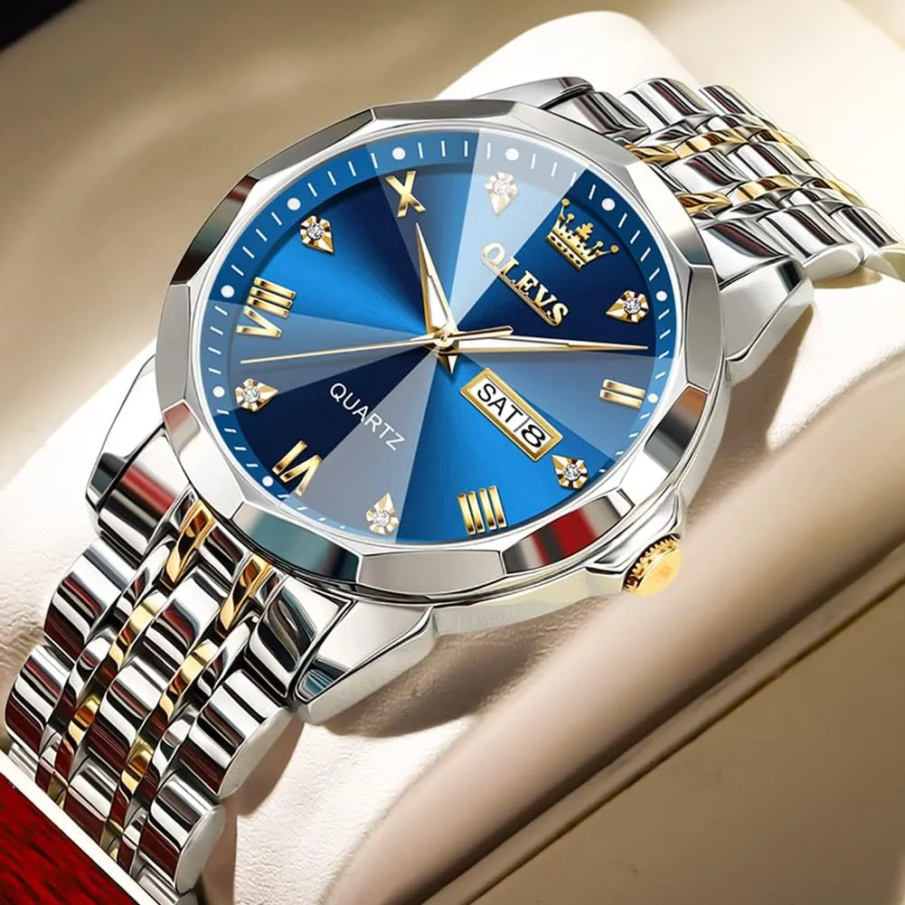 OLEVS Watch for Men Diamond Business Dress Analog Quartz Stainless Steel Waterproof Luminous Date Two Tone Luxury Casual Wrist Watch