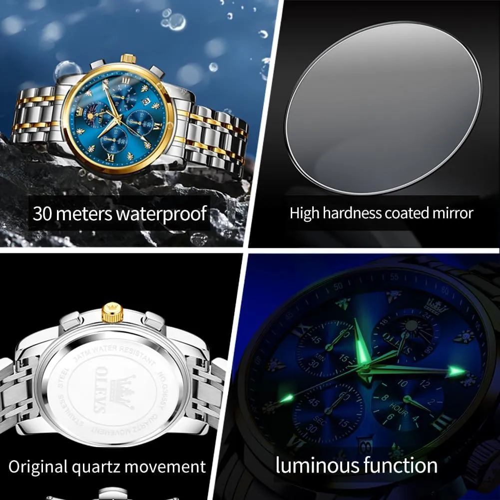 OLEVS Watch for Men Diamond Business Dress Analog Quartz Stainless Steel Waterproof Luminous Date Two Tone Luxury Casual Wrist Watch